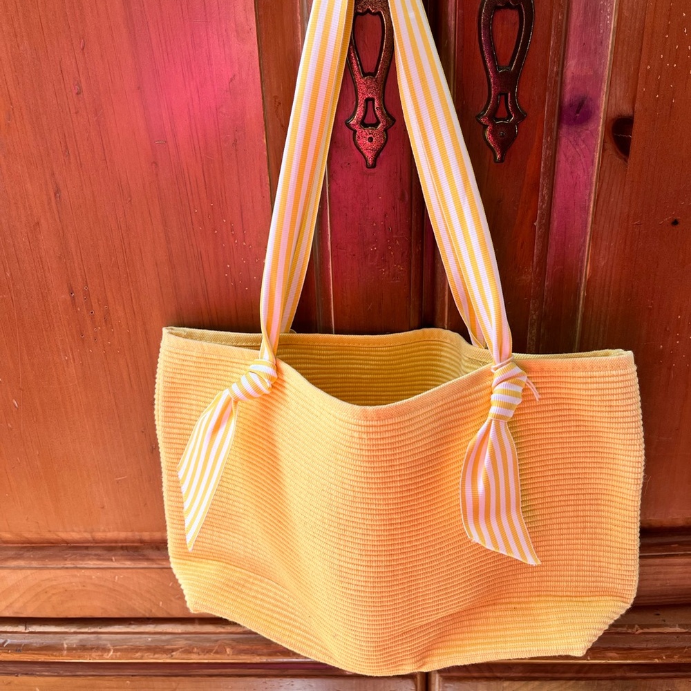 NEW WITH TAGS! Lemon Yellow Knit Tote Bag with Striped Ribbon Handles